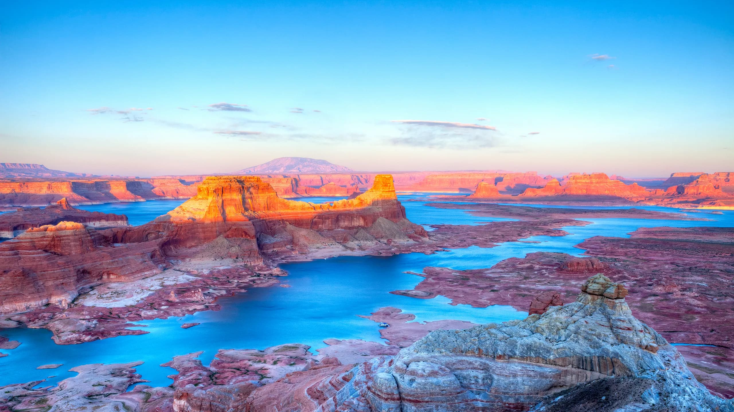 Lake Powell at sunset with blue water